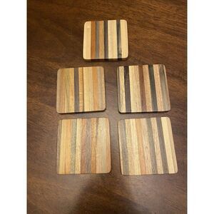Wooden Coasters Set Of 4 Striped Layered Natural Wood Square Stackable